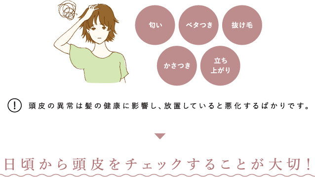 頭皮の異常は髪の健康に影響し、放置していると悪化するばかりです。日頃から頭皮をチェックすることが大切!