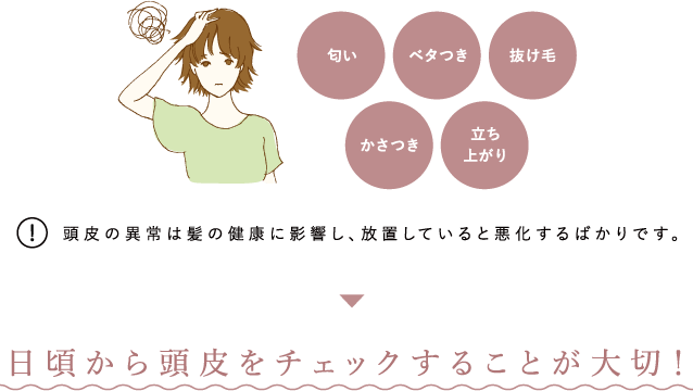 頭皮の異常は髪の健康に影響し、放置していると悪化するばかりです。日頃から頭皮をチェックすることが大切！