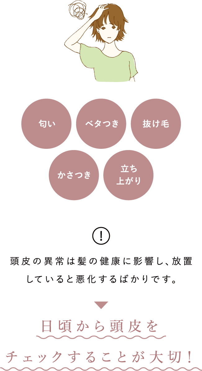頭皮の異常は髪の健康に影響し、放置していると悪化するばかりです。日頃から頭皮をチェックすることが大切!